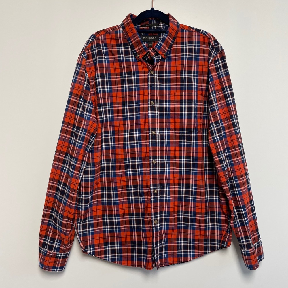 Banana Republic Mens Cotton Plaid Button Down Shirt Untucked Fit Size‎ L Red
